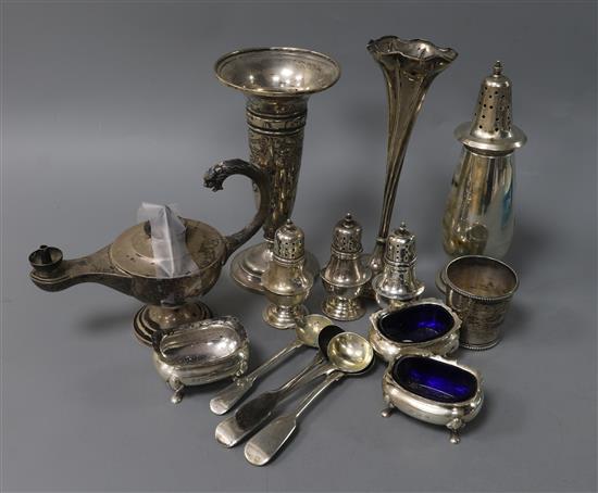 A silver Aladdins lamp table lighter, Birmingham 1926, a silver tot and sundry items,